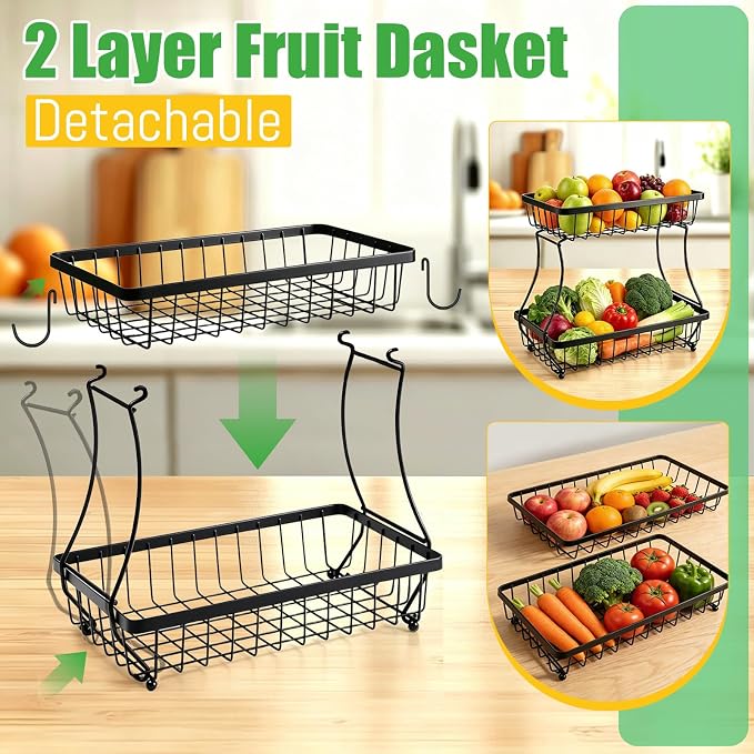2-Tier Fruit Basket for Kitchen Counter with 2 Banana Hangers | Large Metal Fruit Bowl, Versatile Holder for Veggies, Produce Storage, 12.5"×7.5"×12"-Black - Image 3