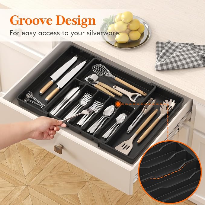 Lifewit Extra Large Silverware Drawer Organizer, Expandable Utensil Tray | BPA Free Flatware Cutlery Holder for Kitchen, Adjustable Plastic Storage for Spoons Forks Knives, 15- 27 x 18.5", Black - Image 9