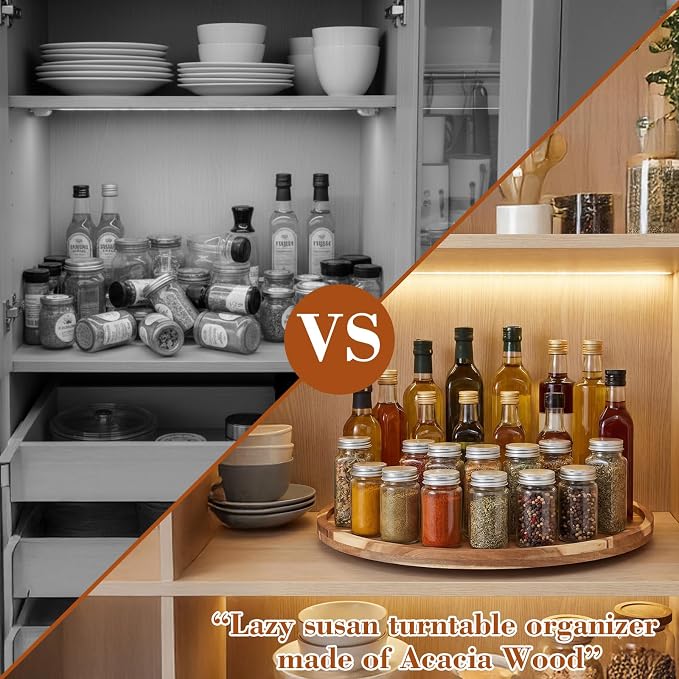 24'' Wood Lazy Susan for Countertop Acacia Large Turntable Rotating Serving Tray for Table Top Non Skid Kitchen Tray Revolving Condiment Spice Rack Table Organization Storage, Natural - Image 3