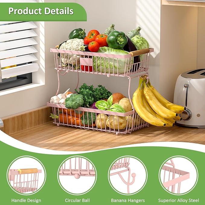 2 Tier Fruit Basket for Kitchen Counter with 2 Banana Hangers, Countertop Metal Fruit Bowl with Wooden Handle, Large Storage Stand for Vegetables, Snacks, Breads, Produce Storage – Pink - Image 4