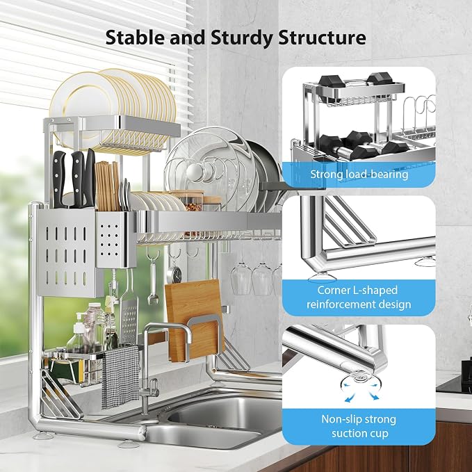 Upgrade 3 Tier Over Sink Dish Drying Rack Adjustable Width | 304 Stainless Steel with Pots and Pans Rack, Modern Large Expandable Kitchen Storage Counter Organizer - Image 3