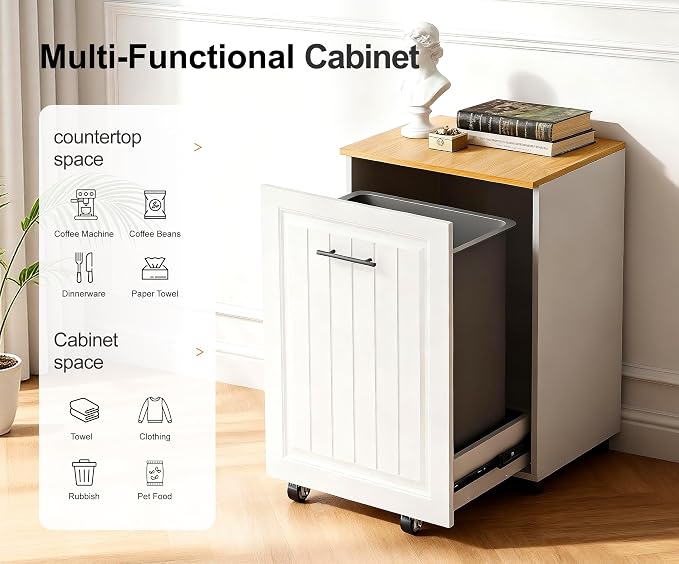 ZIFTY 10 Gallon Pull Out Trash Can Cabinet Kitchen, Laundry Hamper, White | Freestanding Kitchen Cabinet, Hidden Waste Bin, Pet Proof, Wooden Garbage Recycling, Modern Farmhouse Waste Bin Furniture - Image 7
