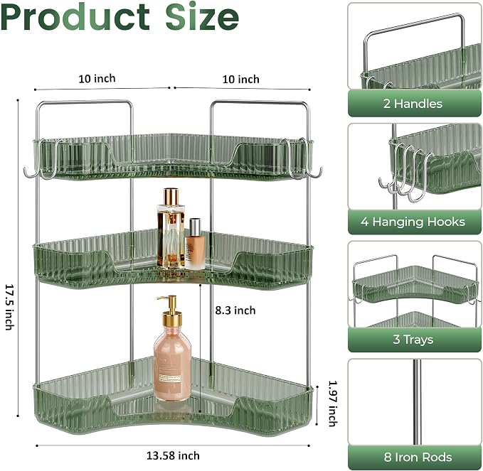 3-Tier Green Corner Organizer, PET Counter Storage with Hooks | Multi-Surface Organizer for Bathroom Vanity & Kitchen Countertop - Image 2