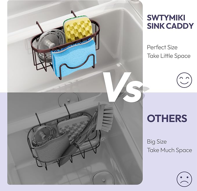 SWTYMIKI Sponge Holder for Kitchen Sink - Movable Kitchen Sink Caddy with M Shape Hook, Stainless Steel Hanging Sponge Caddy for Dish Sponge, Brush, Stopper Organizer in Double Bowl Sink, Bronze - Image 5