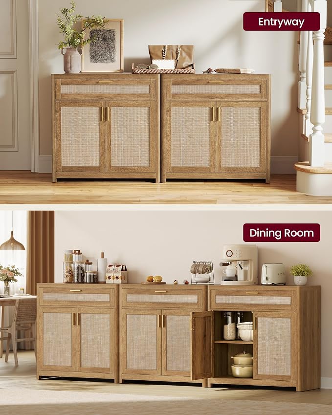 VASAGLE ELLAN Collection - Boho Buffet Cabinets with Rattan-Look Doors, Sideboard Storage Cabinet, Rounded Corners, Adjustable Shelf, Drawer, for Dining Room, Set of 2, Natural Brown UBBK601KC01-2J - Image 7