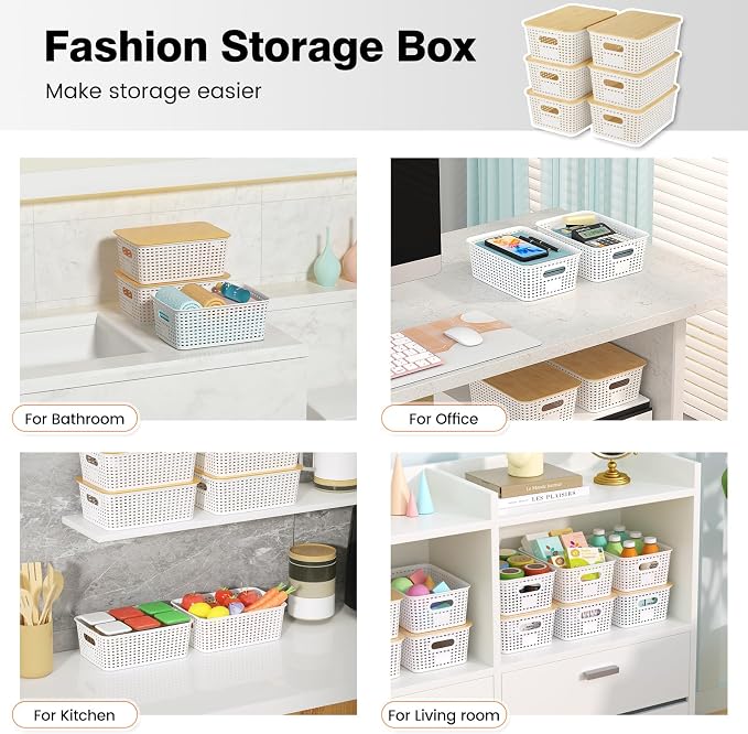 Ohmlove 6 Pack Plastic Storage Baskets with Bamboo Lids for Organization | Stackable Storage bins, Storages Baskets for Organizing Shelves Drawers Desktop Closet Playroom Classroom Office, Cream White - Image 7