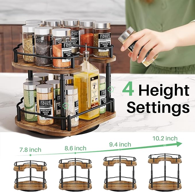 SNTD Lazy Susan Spice Rack Organizer for Cabinet, Wood, Vintage, 9 in | Rotating Turntable, Height Adjustable, Space-Saving D-Shape Design, Revolving Spice Storage for Kitchen Countertop Pantry - Image 4