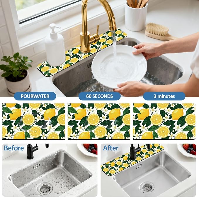 2 Pcs Kitchen Sink Splash Guard Faucet Mat Lemon Flowers and Leaves Pattern Faucet Mat for Sinks Flower Absorbing Drying Mats for Kitchen Bathroom - Image 5