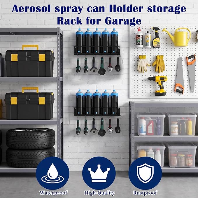 4 Pack Heavy-Duty Aerosol Spray Can Holder with Pneumatic Tool Holder – Wall-Mounted Garage Organizer, Holds 20 Cans & 24 Air Tools, Metal, Black - Image 5