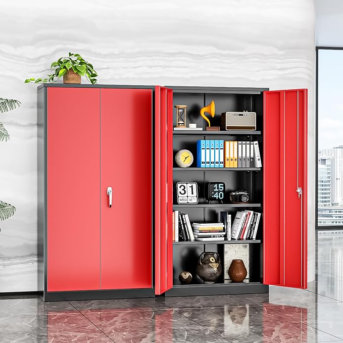 Metal Storage Cabinet with Doors, 72" Locking Steel Storage Cabinet with Shelves, Tall Metal Cabinet Lockable Steel Cabinets for Home Office, Garage,(Black+Red) - Image 8