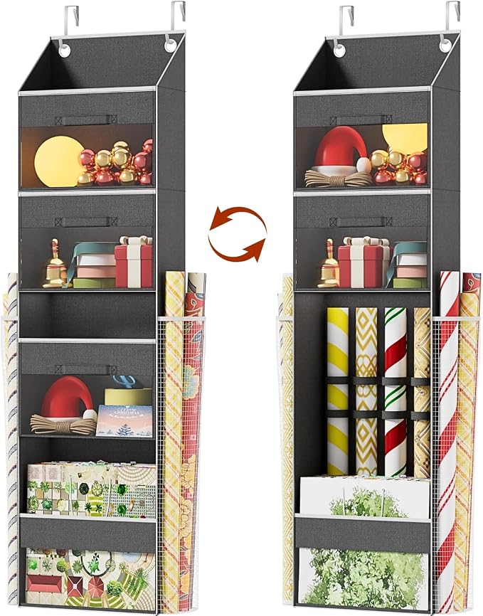 Over Door Wrapping Paper Organizer Storage with 3 Removable Drawers & Side Pockets – Dual Use Design with Elastic Straps – Christmas Gift Wrap Storage for Ribbons, Bows, Ornament and Other Tools 1Pack by Ofiray-home