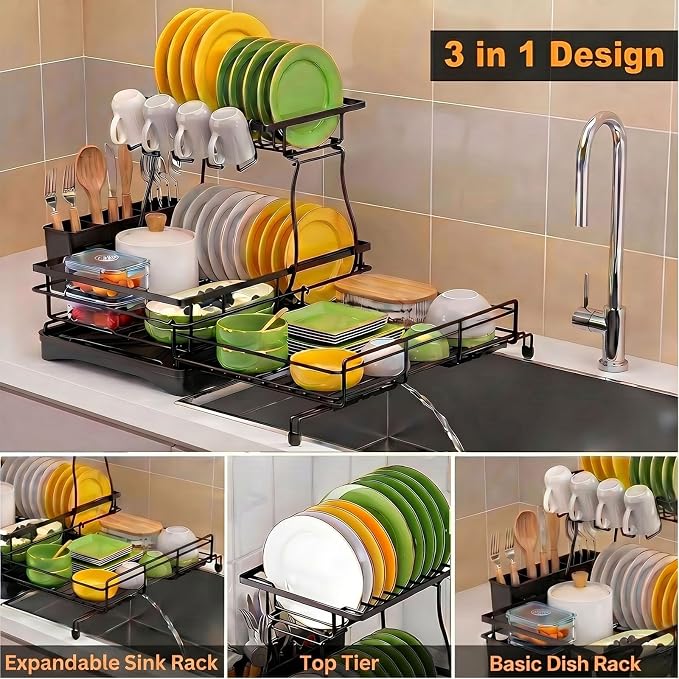 Expandable 2-Tier Dish Drying Rack Over the Sink, Large Capacity | Foldable rustproof coated metal; expands over sink; 2-tier large capacity for plates, bowls, glasses, pan and utensils. - Image 2
