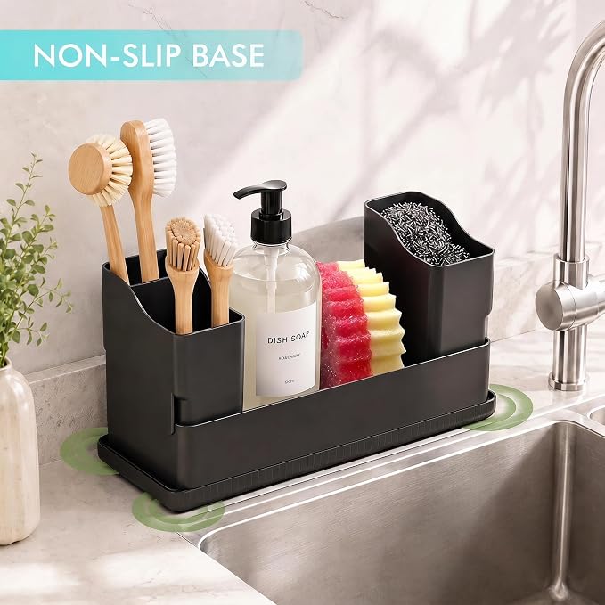 Sponge Holder for Kitchen Sink with Drying Stone, Black | Kitchen Caddy Sink Organizer, 2 Removable Cups, Premium ABS, Anti-Slip, 12.7" Sponge and Soap Holder for Kitchen Counter - Image 3