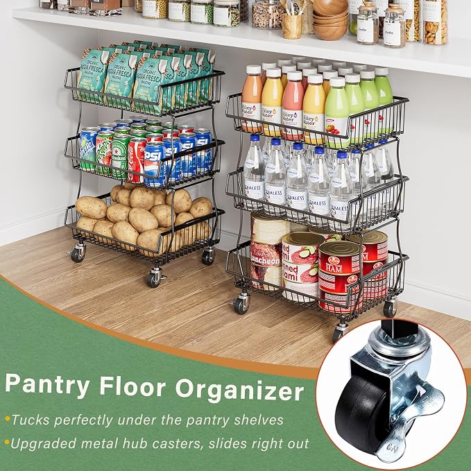 OKZEST Pantry Organizers and Storage Cart with Upgraded Metal Hub Casters | Fits under pantry shelf, Stackable fine-mesh wire baskets, 3-Tier rolling cart holds drink, snack, can, potato, onion, fruit - Image 2