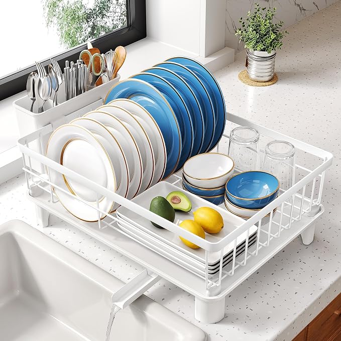 SNTD Dish Drying Rack for Small Kitchen Counter, 11" W x 15" L, White | Space Saving, Rotating Spout & Angled Drainboard for Quick Drainage, Stainless Steel, Removable Utensil Holder by SNTD