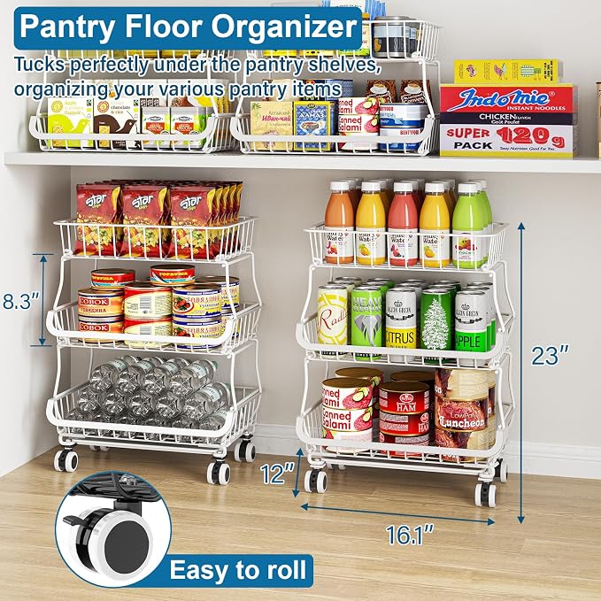 OKZEST 3-Tier Rolling Pantry Floor Organizers and Storage Cart with Wheels | Fits under pantry shelf, Stackable kitchen pantry baskets with dirt catch tray, Holds drink, snack, can, potato, onion, fruit - Image 2