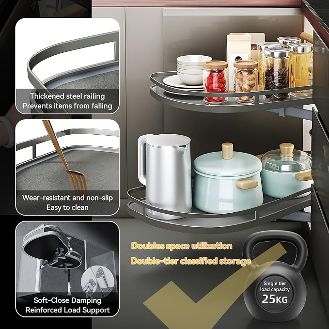 Blind Corner Cabinet Pull Out Organizer, 2-Tier Shelf, Adjustable Height | Fits 16" Cabinet Openings, Left Swing for Right Hinges, Adjustable Height Design, Blind Corner Cabinet for Kitchen Storage - Image 6