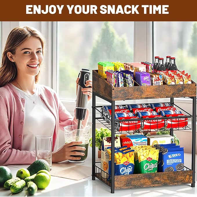 Snack Organizer for Countertop, 6 Adjustable Compartment | 3 Tier Snack Rack Display, Retail Display Shelf for Kitchen, Pantry, Counter, Office, Easy to Install, Brown - Image 8