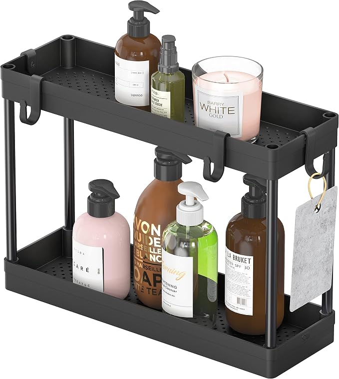 Simple Houseware 2-Tier Under Sink Organizer Storage Tray with Hooks, Black - Image 3