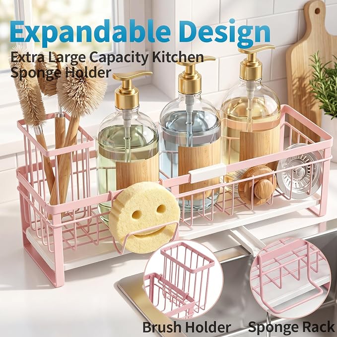 Extra Large Extendable Sponge Holder for Kitchen Sink Caddy Organizer | Rustproof Sink Caddy Organizer with High Brush Holder, Dish Soap Dispenser Organizers and Storage (Black) - Image 5