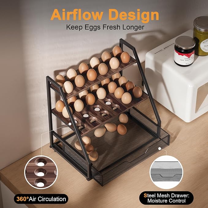 3-Tier Wooden Egg Holder with Basket, Holds 130+ Eggs | Sturdy wooden egg holder, holds 36+90 eggs, carry handle for easy gathering & transport. - Image 4