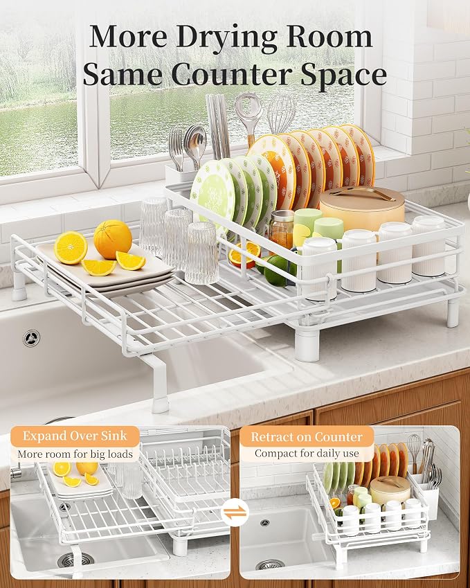SAYZH Expandable Dish Drying Rack for Kitchen Counter, Metal, White | Foldable Over Sink, Large Capacity, Rust-Resistant, Adjustable for Most Sinks, Automatic Drainage, Removable Utensil Holder - Image 3