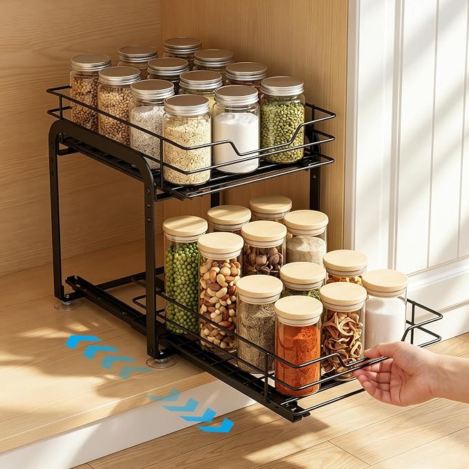 Spice Rack Organizer for Kitchen, Pull Out Spice Racks for Inside Cabinets, 2 Tier Spice Shelf Organization for Cabinet Seasoning, No Drilling Install for Home Kitchen Space Saving, 1 Pack by Unknown