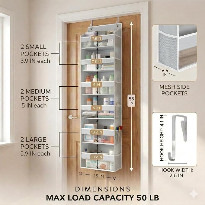 Over the Door Organizer, 6-Tier, 100D Fabric, Light Gray 2pc | Over the door shoe organizer, 50 lbs capacity, 12 side mesh pockets, 100D extra thick fabric, Closet & entryway storage - Image 2