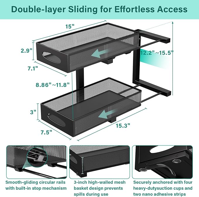 Under Sink Organizer, 1-Pack of 2-Tier Metal Slide Out Pull Out Cabinet Organizer Shelf, Height Adjustable Organization and Storage Series, Bathroom/Desktop/Cabinet/Kitchen organization, Black - Image 2