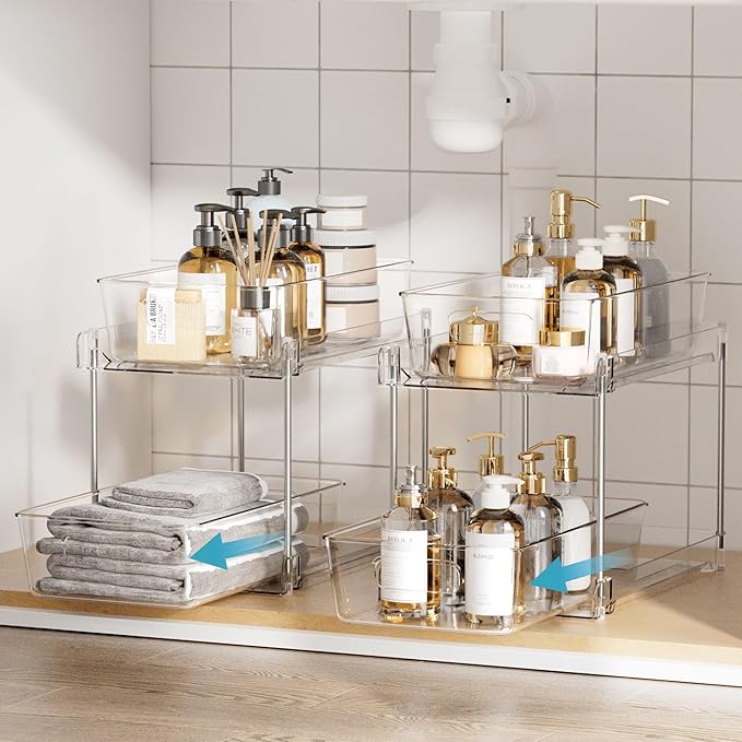 Vtopmart 2 Pack Pull Out Bathroom Under Sink Organizer (S-Standard) | Slide-out drawers, Multi-purpose storage, Clear visibility, Easy Set-up - Image 2