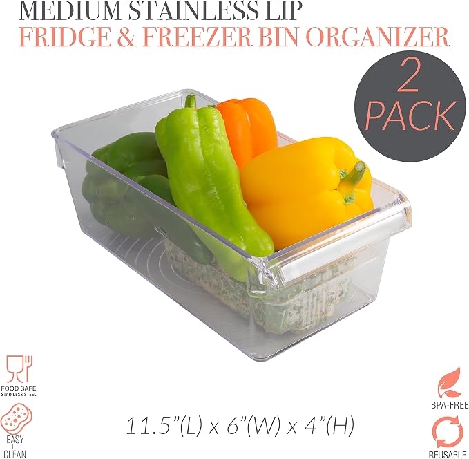 Kitchen Details 2 Pack Medium Refrigerator Storage Bin | Fridge & Freezer | Kitchen Organization | Stainless Steel Handle | Countertop | Cabinets | Pantry | Clear - Image 2