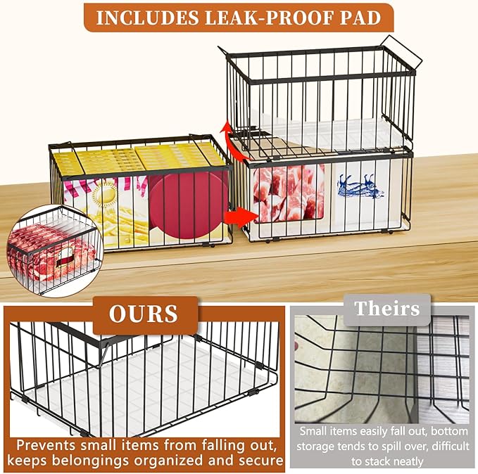 Large Freezer Organizer Bins for 5 to 9 Cu.Ft,Quick Expand/Collapse,4PACK | Freezer Organizer Bins, Stackable,foldable,With handle Wire Storage Container Baskets for Sort Frozen Meats,Leak-Proof Liner - Image 4
