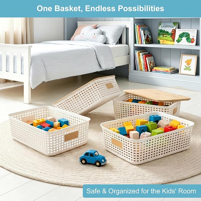4 Pack Plastic Storage Bins with Bamboo Lids, 6.2qt Stackable Storage Organizer Box with Lable for Pantry Shelves Drawers Desktop Office, 12"L x 8.3"W x 3.5"H, Cream White - Image 4