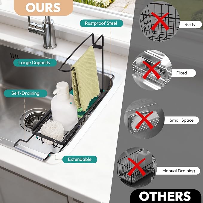 Over the Kitchen Sink Caddy Expandable (14.17-17.32 in) | Stainless Steel Anti-Slip Rustproof Sink Organizer Rack, Hanging Drying Holder for Sponges, Soap, Brushes, Dishcloths and Rag - Image 7
