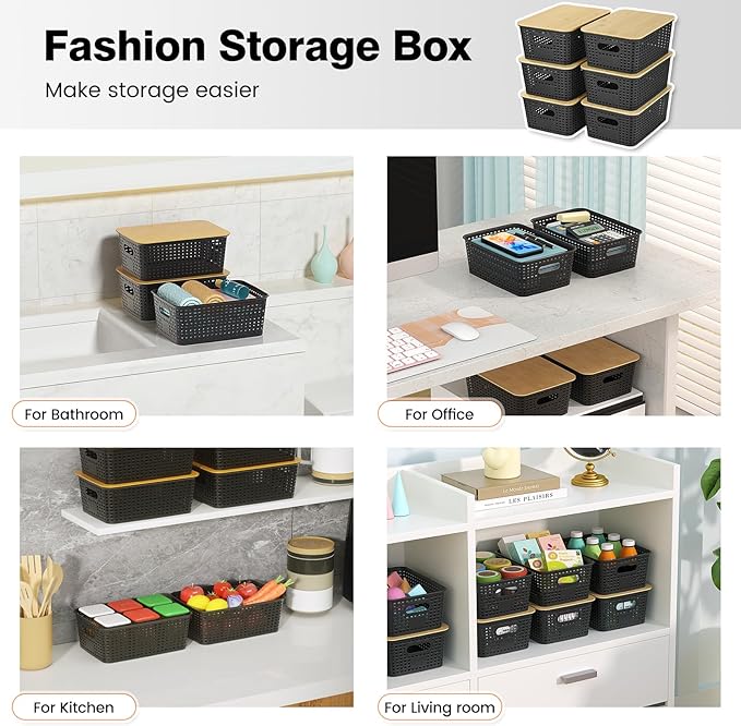 Ohmlove 6 Pack Plastic Storage Baskets with Bamboo Lids for Organization | Stackable Storage bins, Storages Baskets for Organizing Shelves Drawers Desktop Closet Playroom Classroom Office,Black - Image 4