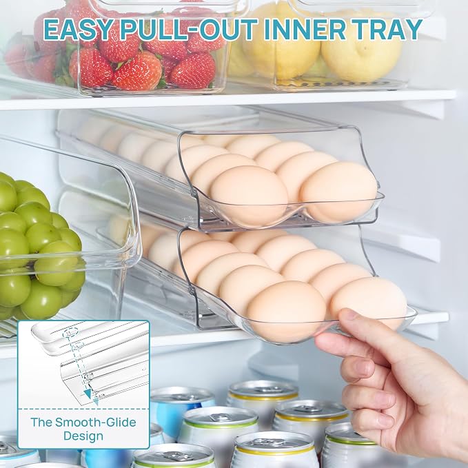 Vtopmart 2 Pack Egg Holder for Fridge, Automatic Rolling Egg Container | Stackable Clear 14-Count Eggs Organizer with Removable Inner Tray, Egg Storage for Refrigerator, Space Saving - Image 5