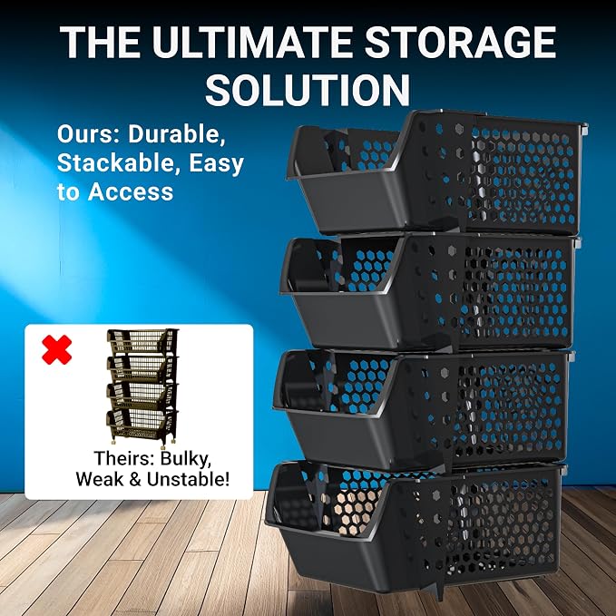 Skywin Stackable Storage Bins Open Front for Pantry Storage, 4 Pack - Black | Sturdy Plastic, Easy Stacking, Breathable & Open Front Design, Pantry Storage for Snacks, Toiletries, and Small Essentials - Image 5