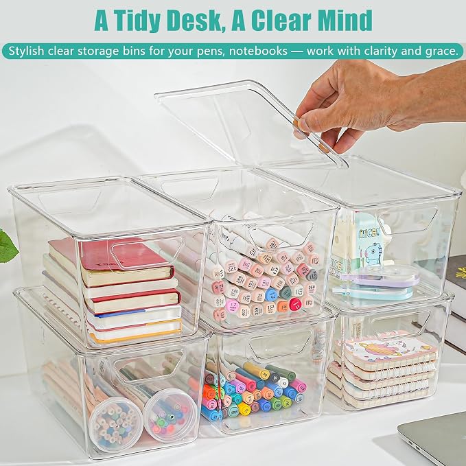 6 Pack Medium Clear Storage Bins with Lids, Acrylic Arts and Craft Storage Containers, Stackable Clear Plastic Craft Storage Bins with Handles for Classroom Storage Organization,Kitchen, Fridge,Office - Image 5