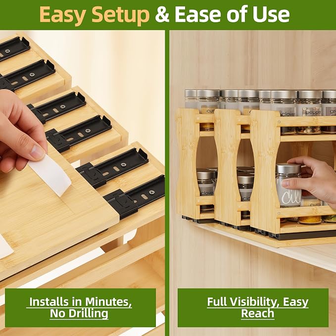BAMEOS Pull Out Spice Rack Organizer for Cabinet, Bamboo Wide 13.9" Slide Out Seasoning Organizer for Kitchen, No Drill Anti-Tip Ball Bearing Silent Glides, Pantry Cabinet Organizer,Natural - Image 3