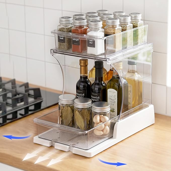 Spice Rack, Countertop Shelf Organizer, 2 Tier Kitchen Organizer | Pull Out 180° Rotating Bottom Shelf, Acrylic Spice Organizer for Cabinet, Pantry Storage, Coffee Station Organizer by Unknown