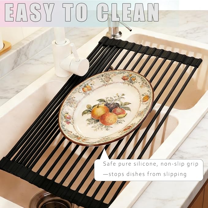 Cover The Sink Roll Up Dish Drying Rack 17.6"x15.4" Silicone Wrapped Foldable Anti-Slip Drainer for Kitchen Counter_Black new - Image 5