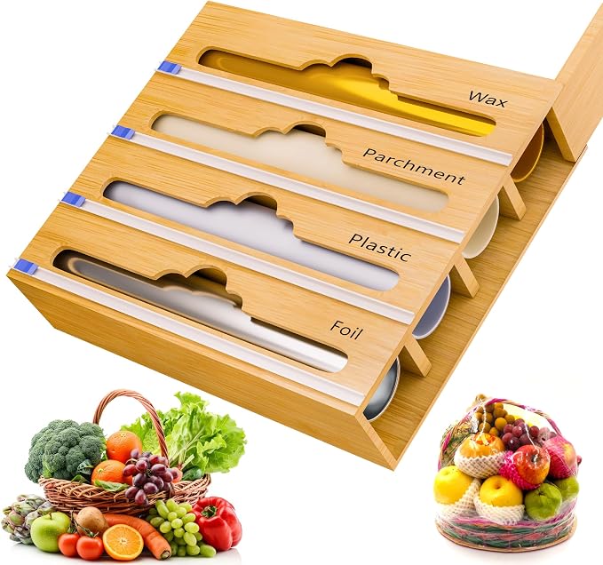 Bamboo Aluminum Foil Organizer & Plastic Wrap Dispenser with Cutter for 11" Rolls - 4 in 1 Parchment, Wax Paper & Saran Wrap Holder - Tin Foil Wrap Organizer for Kitchen Drawer, Countertop & Pantry by Unknown