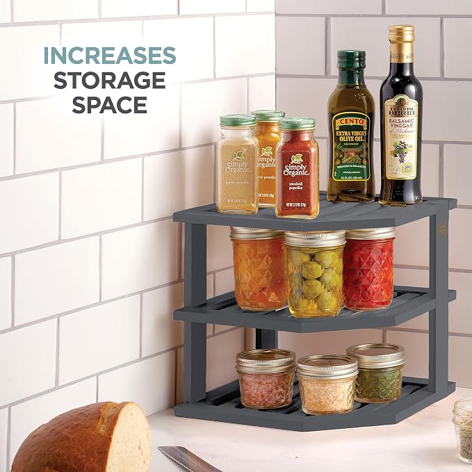 Grey Plate Organizer for Cabinet - 3 Tier Gray Bamboo Corner Cabinet Organizer Shelf for Plates Bowls Mugs Cups, Kitchen Cabinet Organizer, Cabinet Shelf Organizer, Countertop Rack, 10 x 10 x 9.5 Gray - Image 5