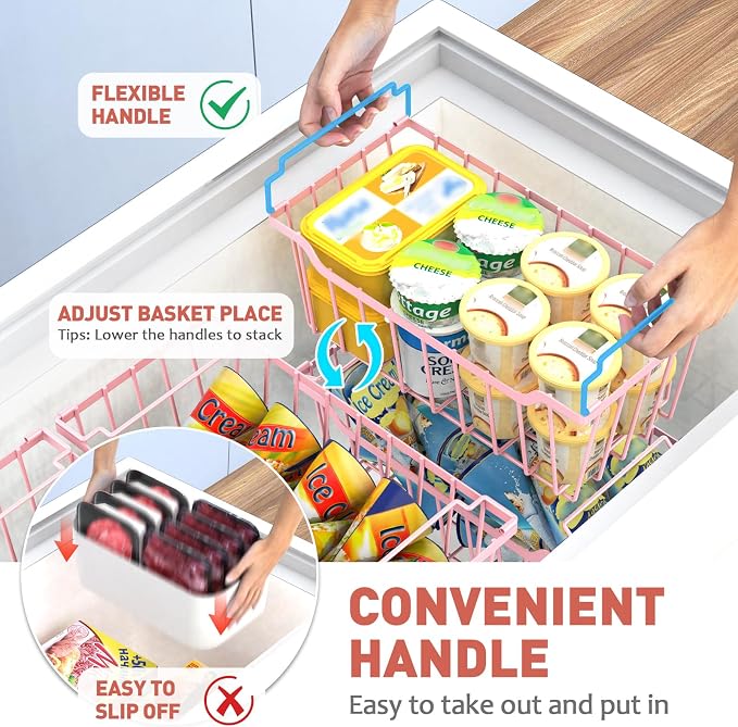 Goovilla Freezer Organizer Bins for 5-7 Cu.FT Chest Freezer, 4 Pack Pink | Foldable Handle Stackable Freezer Baskets, Coated Metal Freezer Storage Bins with Better Space Utilization, Deep Organization - Image 3