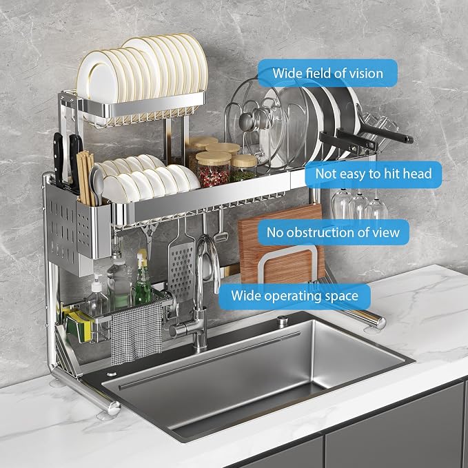 Upgrade 3 Tier Over Sink Dish Drying Rack Adjustable Width | 304 Stainless Steel with Pots and Pans Rack, Modern Large Expandable Kitchen Storage Counter Organizer - Image 8