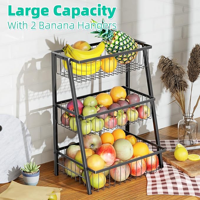 Simple Trending 3-Tier Trapezoidal Fruit Basket with 4 Banana Hooks, Extra Large Metal Wire Kitchen Organizer for Countertop - Rust-Proof for Fruits, Vegetables, Snacks, Bread Storage, Black - Image 4