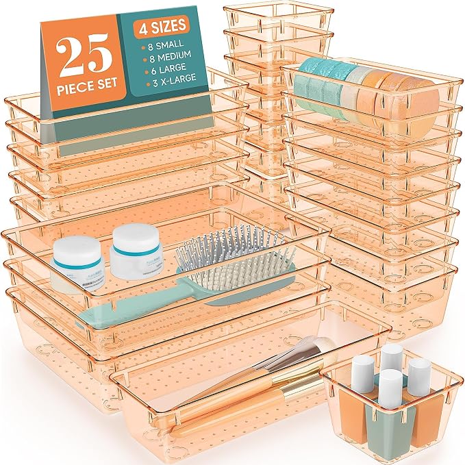 25 PCS Plastic Drawer Organizer Set, Makeup Organizers and Storage Bins | 4 Sizes Desk Drawer Divider Organizers and Storage Bins for Jewelry, Gadgets for Kitchen, Bedroom, Bathroom, Orange by WOWBOX