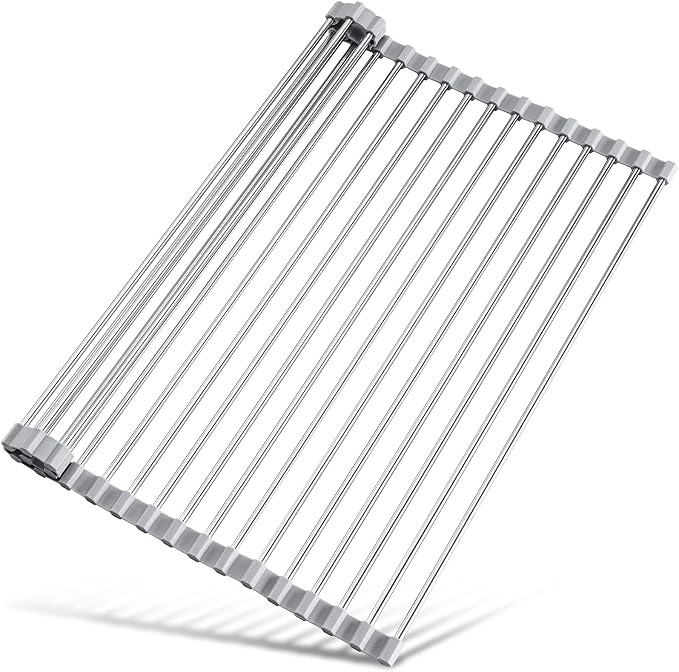 Tomorotec Roll Up Dish Drying Rack Over Sink, 304 Steel, 21x15.5, Grey | Anti-Slip Silicone Rims For Grip, Heat-Resistant Trivet Mat Holding Heavy Cookware, Rustproof Kitchen Counter Space Saver by Tomorotec