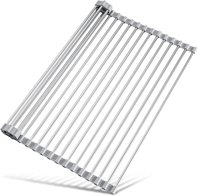Tomorotec Roll Up Dish Drying Rack Over Sink, 304 Steel, 17.7x15.5, Grey | Anti-Slip Silicone Rims For Grip, Heat-Resistant Trivet Mat Holding Heavy Cookware, Rustproof Kitchen Counter Space Saver by Tomorotec