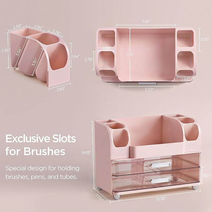 HBlife Makeup Organizer for Vanity with Brush Holder, Large Bathroom Countertop Cosmetic Organizer Skin Care Storage, Easy to Store Lipsticks, Nail Polishes, Perfumes, Eyeshadow Palettes, Pink - Image 4